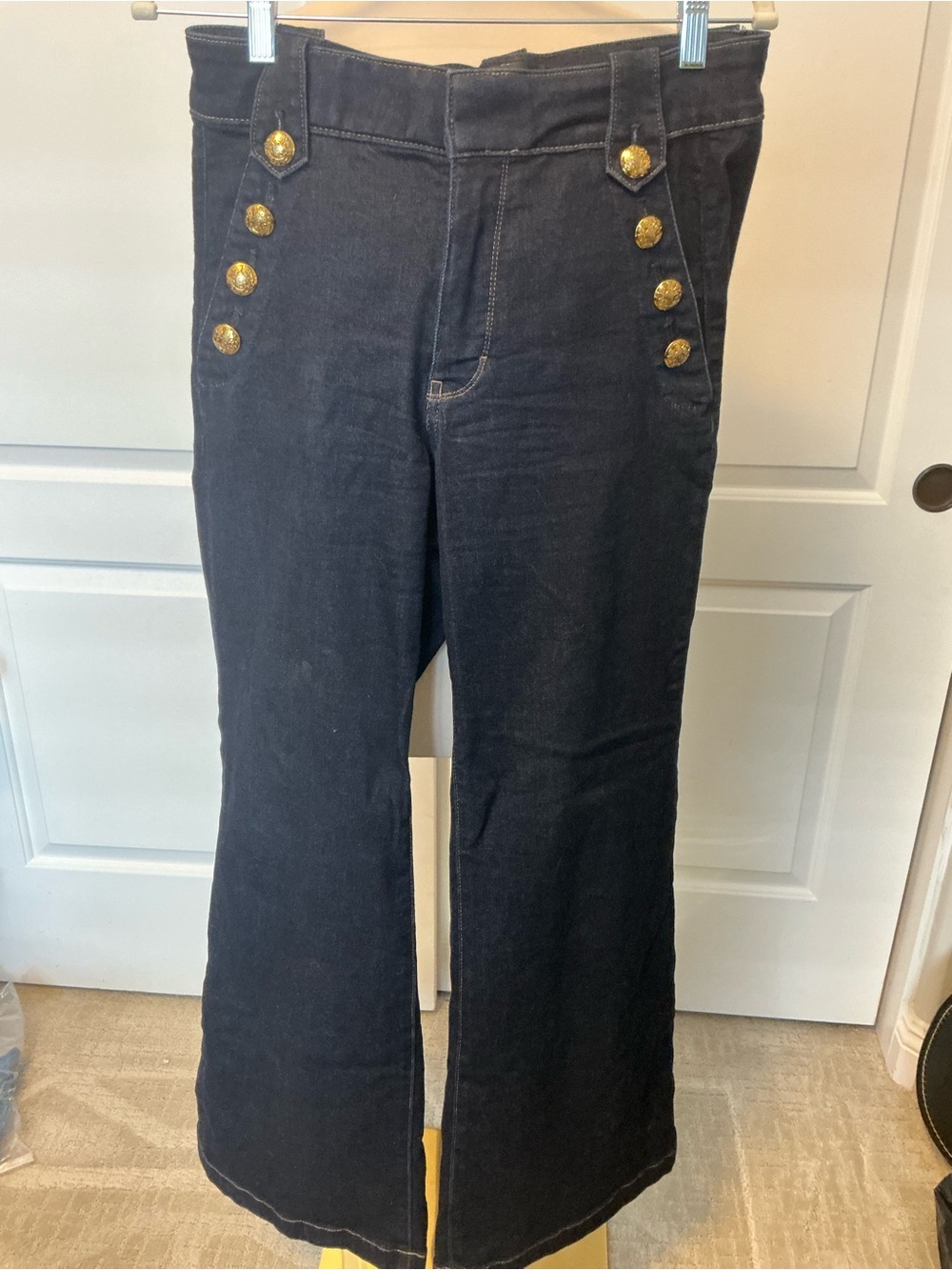 White House Black Market Navy High-Rise Flare Jeans with Gold Buttons